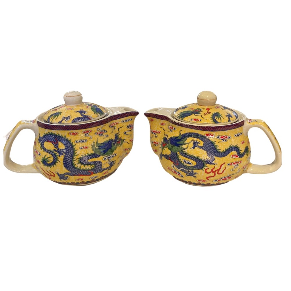 Vintage Set of 2 Small Teapots Yellow Dragons Asian Lg Inside Wire Strainer